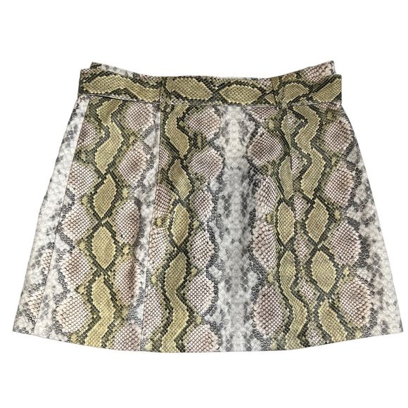Pleather Mini Skirt Snakeskin Look Le Lis Button Front Belted Green Size Small - Picture 6 of 9